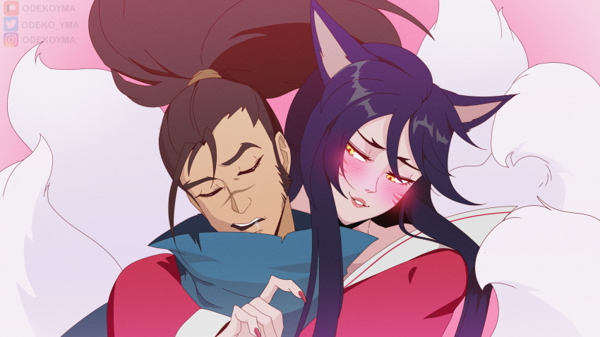 1boy 1girl absurdres ahri_(league_of_legends) animal_ears artist_name black_hair blush brown_hair fox_ears fox_girl fox_tail glowing glowing_eyes highres hug hug_from_behind league_of_legends long_hair odeko_yma pink_background ponytail saliva scar scar_on_face scar_on_nose simple_background sleeping tail teeth watermark yasuo_(league_of_legends)