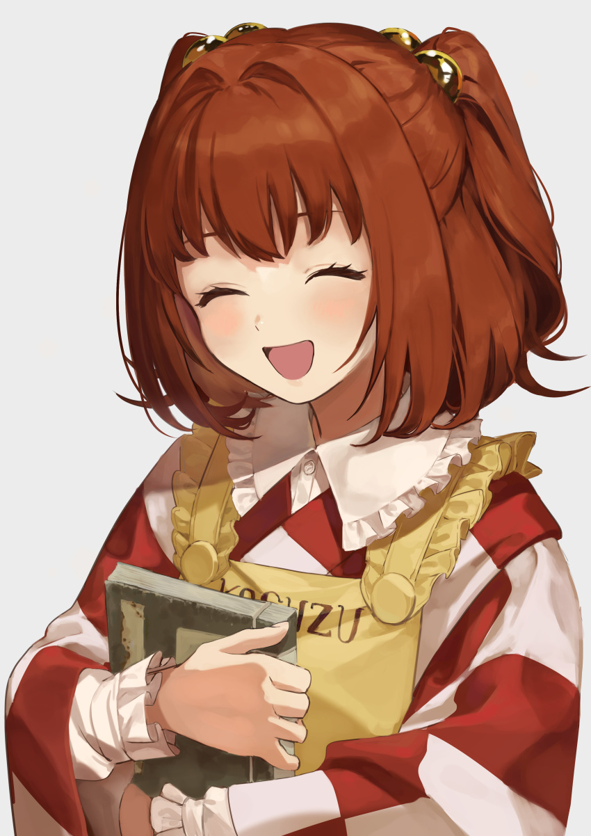 1girl :d ^_^ absurdres apron book checkered_clothes checkered_kimono closed_eyes hair_intakes happy highres holding holding_book japanese_clothes kimono looking_at_viewer motoori_kosuzu name_tag open_mouth redhead smile solo touhou twintails two_side_up yokujitsu