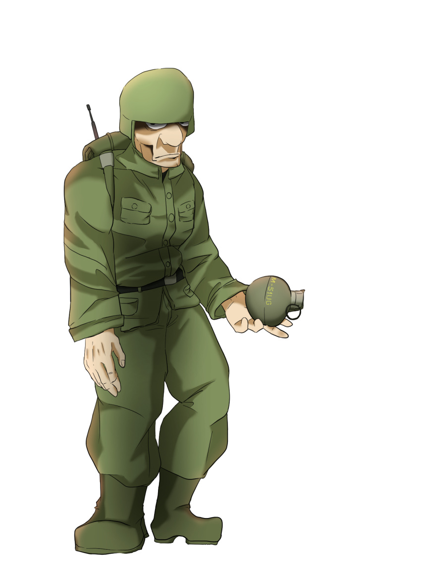 1boy belt boots explosive grenade helmet highres metal_slug military military_uniform rebel_soldier_(metal_slug) soldier uniform