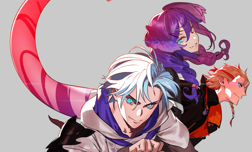 1girl 2boys aqua_eyes axel_syrios black_jacket black_shirt blonde_hair blue_hair braid grey_background hair_ornament hairclip head_wings heterochromia highres holostars holostars_english hood hoodie jacket long_hair looking_at_viewer multicolored_hair multiple_boys nijisanji nijisanji_en orange_jacket pako_(pakosun) purple_hair purple_wings redhead regis_altare selen_tatsuki shirt short_hair side_braid streaked_hair swept_bangs tail turtleneck twin_braids two-sided_fabric two-sided_jacket virtual_youtuber white_hoodie wings