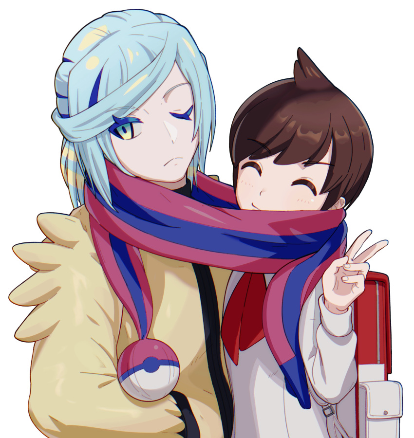 2boys backpack bag bbhdrrr blush brown_hair closed_eyes closed_mouth cowlick eyelashes florian_(pokemon) frown green_hair grusha_(pokemon) hand_up highres jacket long_sleeves male_focus multiple_boys necktie one_eye_closed poke_ball_print pokemon pokemon_(game) pokemon_sv red_necktie scarf shared_clothes shared_scarf shirt short_hair simple_background smile striped striped_scarf upper_body v white_background white_shirt yellow_jacket