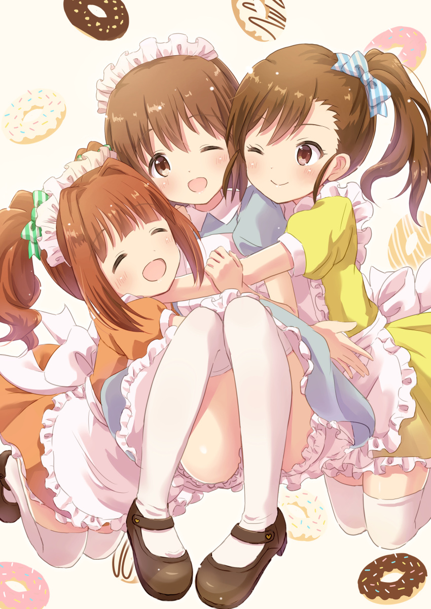 3girls ;d ^_^ absurdres apron arm_grab blue_dress blue_ribbon blush bow brown_eyes brown_hair closed_eyes dot_nose doughnut dress food frilled_apron frills green_ribbon hagiwara_yukiho highres hug hugging_own_legs idolmaster idolmaster_(classic) idolmaster_million_live! idolmaster_million_live!_theater_days kneehighs kneeling knees_together_feet_apart loafers maid_headdress mini39mame multiple_girls one_eye_closed open_mouth orange_dress orange_hair ribbon shoes short_hair smile socks takatsuki_yayoi twintails yellow_dress