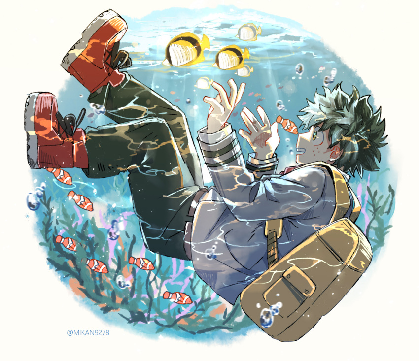 1boy air_bubble backpack bag belt blazer boku_no_hero_academia brown_belt bubble butterflyfish caustics circle clownfish coral cross-laced_footwear double_horizontal_stripe fish freckles from_side full_body green_eyes green_hair green_pants green_pupils hands_up happy highres jacket legs_up light long_sleeves looking_at_animal midoriya_izuku mikan_(artist) necktie open_hands open_mouth outside_border pants profile red_footwear red_necktie school_uniform short_hair smile solo teeth twitter_username u.a._school_uniform underwater upper_teeth_only water white_background yellow_bag