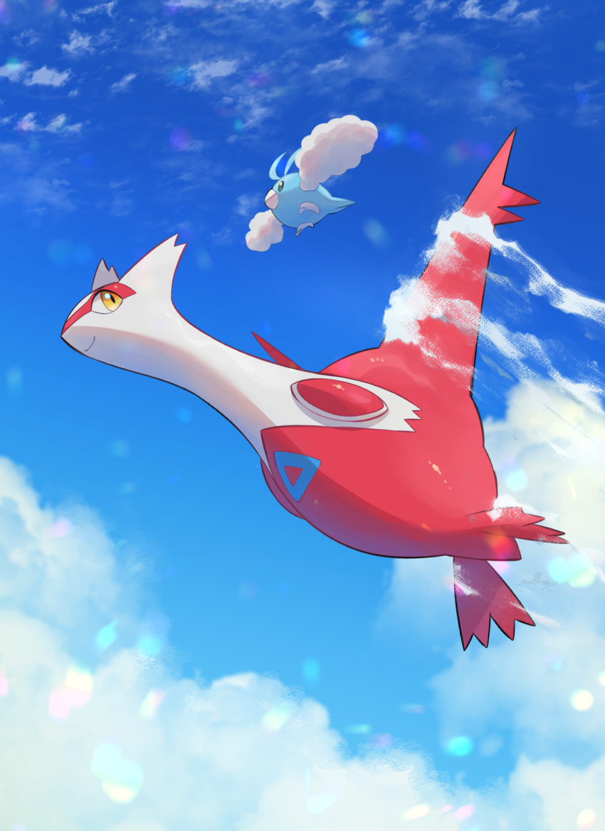 above_clouds absurdres bird closed_mouth clouds commentary_request day flying highres latias no_humans nullma outdoors pokemon pokemon_(creature) smile swablu yellow_eyes