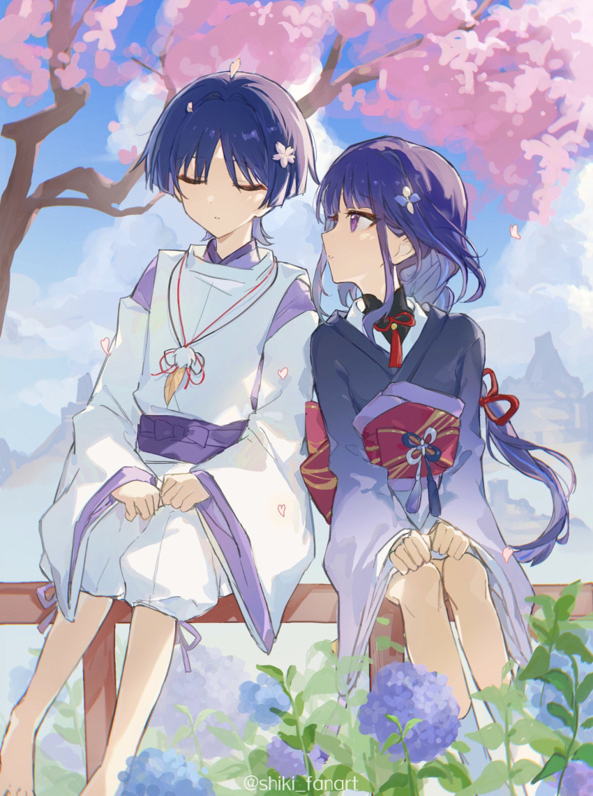 1boy 1girl absurdres aged_down artist_name back_bow baggy_pants barefoot belt black_bow blue_flower blue_hair blue_sky blunt_ends bow bowtie braid branch cherry_blossoms closed_eyes closed_mouth clouds cloudy_sky dark_blue_hair day detached_sleeves flower genshin_impact gradient_clothes gradient_kimono hair_between_eyes hair_bow hair_flower hair_ornament highres japanese_clothes kimono leaf long_hair long_sleeves looking_at_another mountain nature no_headwear official_alternate_costume outdoors pants petals pink_flower pom_pom_(clothes) purple_belt purple_bow purple_flower purple_hair purple_kimono purple_ribbon purple_shirt raiden_shogun red_belt red_bow red_bowtie ribbon scaramouche_(genshin_impact) scaramouche_(kabukimono)_(genshin_impact) scenery shiki_fanart shirt short_hair sidelocks sitting sky socks tassel teeth tree vest violet_eyes white_flower white_pants white_socks white_vest wide_sleeves