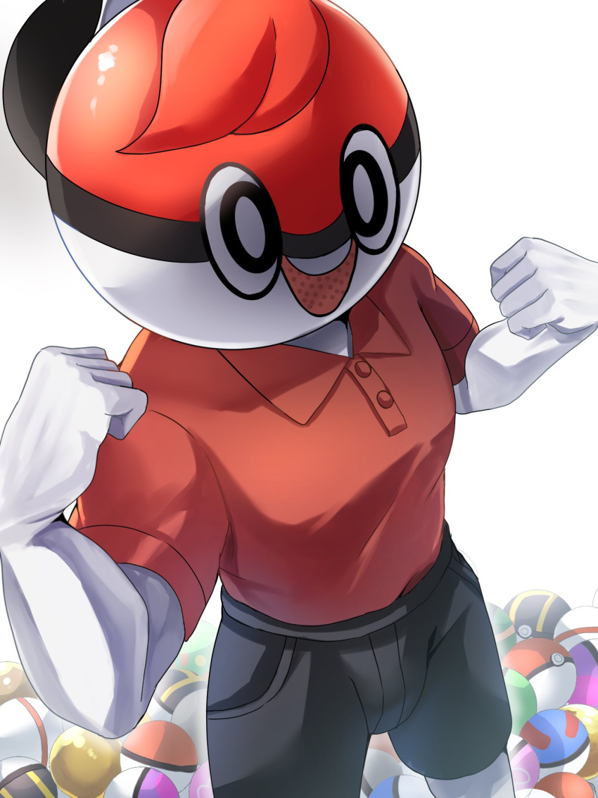 1boy ball_guy black_shorts buttons collared_shirt colored_skin commentary_request great_ball hands_up highres kuru_bushi love_ball male_focus mascot mascot_costume mascot_head master_ball poke_ball poke_ball_(basic) pokemon pokemon_(game) pokemon_swsh premier_ball red_shirt shirt shorts solo standing ultra_ball white_background white_skin