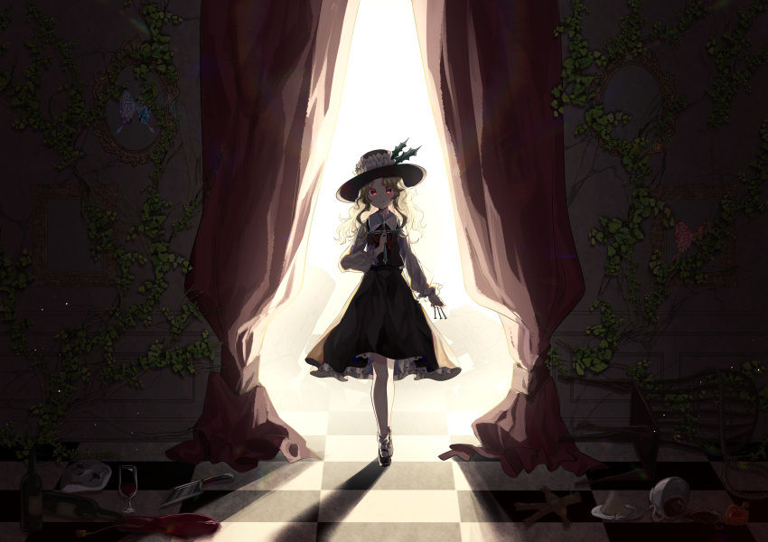 1girl absurdres blonde_hair chair checkered_floor cross cup curtains dark_room dolls_in_pseudo_paradise full_body hat highres holding holding_cross jacket_girl_(dipp) long_hair looking_at_viewer mask nettian51 rainbow_gradient red_eyes smile solo standing straw_doll teacup touhou