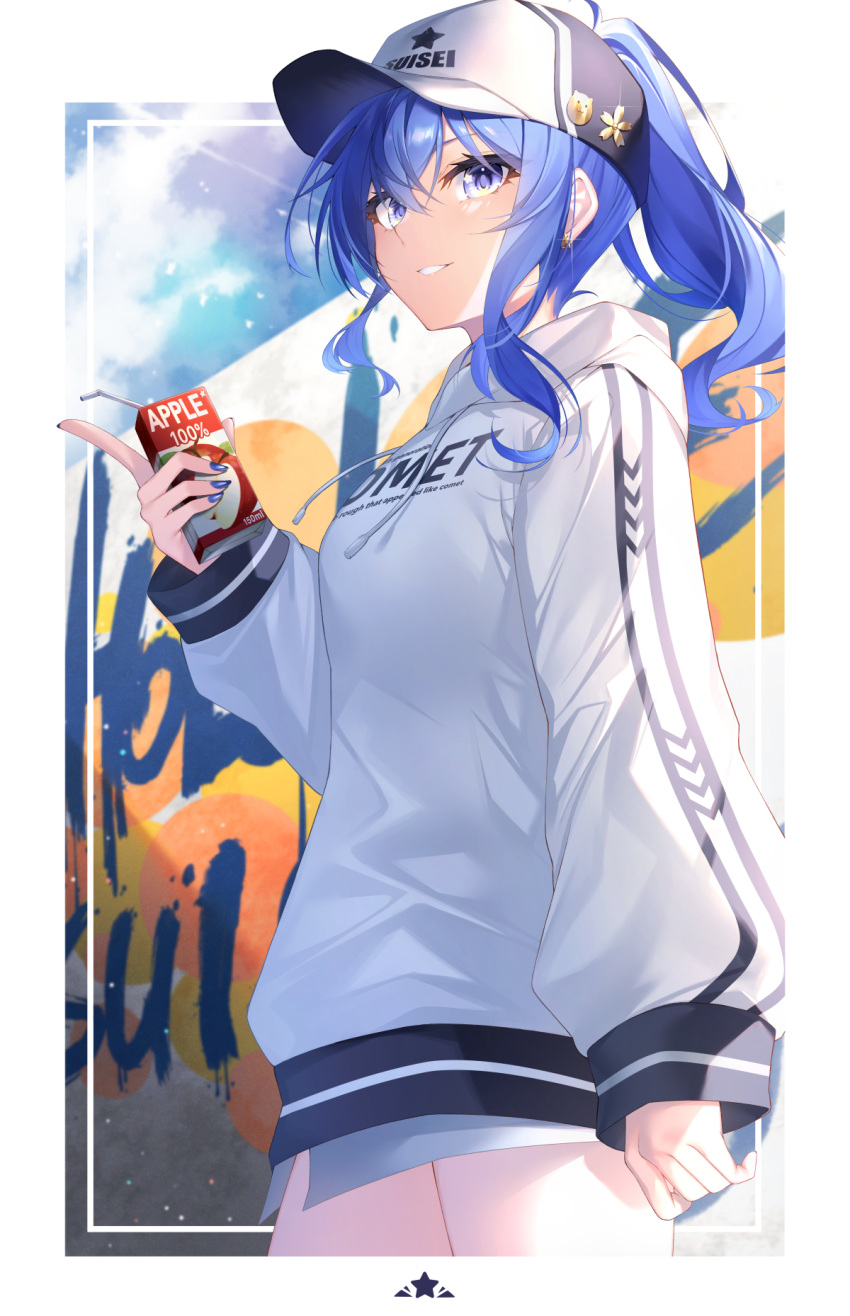 1girl badge baseball_cap blue_eyes blue_hair blue_nails blue_sky border character_name clothes_writing clouds crossed_bangs drawstring drink drinking_straw earrings english_text floral_print glint grin hair_between_eyes hat highres holding holding_drink hololive hood hoodie hoshimachi_suisei jewelry looking_at_viewer nail_polish pig_print sidelocks sky sleeves_past_wrists smile solo star_(symbol) star_in_eye symbol_in_eye takuro_(taku3949) virtual_youtuber white_border white_headwear white_hoodie