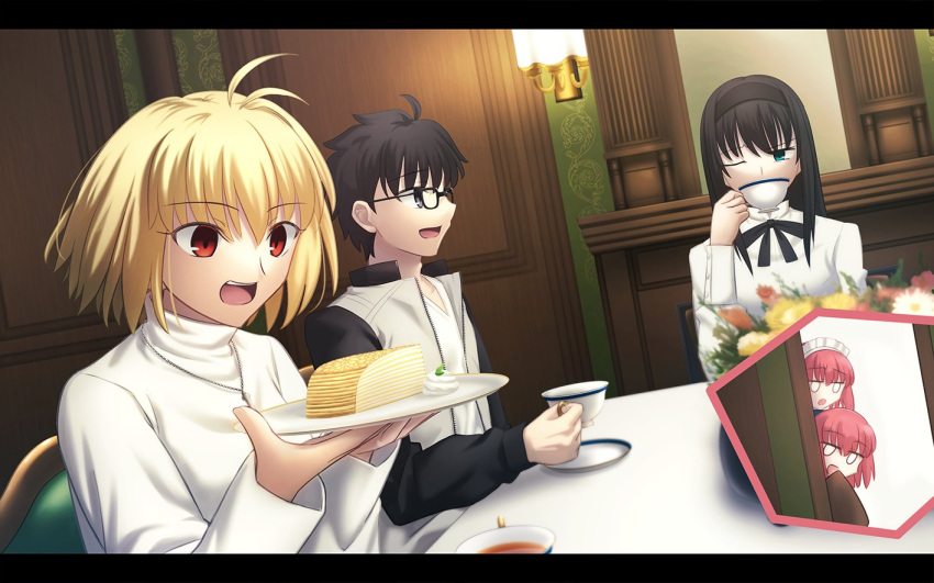 1boy 4girls ahoge antenna_hair aqua_eyes arcueid_brunestud black-framed_eyewear black_eyes black_hair black_hairband black_ribbon blonde_hair blue_bow bow chair chibi commentary_request cup drinking food glasses hair_bow hairband hisui_(tsukihime) holding holding_cup holding_plate indoors jacket jewelry kohaku_(tsukihime) long_hair long_sleeves looking_at_another maid_headdress multiple_girls neck_ribbon necklace one_eye_closed open_clothes open_jacket open_mouth plate red_eyes redhead ribbon shirt shoori_(migiha) short_hair siblings sisters sitting smile sweater table teacup tohno_akiha tohno_shiki tsukihime tsukihime_(remake) turtleneck turtleneck_sweater twins white_shirt white_sweater