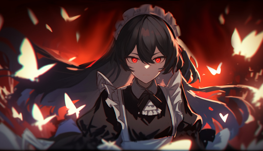 1girl black_hair bug butterfly closed_mouth commentary dr.rohan english_commentary floating_hair hair_between_eyes highres long_hair maid maid_headdress original puffy_sleeves red_background red_eyes solo tsurime upper_body white_butterfly white_headwear
