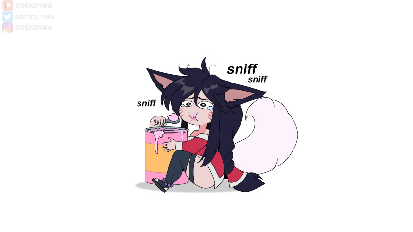 1girl absurdres ahri_(league_of_legends) animal_ears bead_anklet blush breasts crying eating facial_mark food fox_ears fox_girl fox_tail highres ice_cream korean_clothes kumiho league_of_legends long_hair odeko_yma sad simple_background sitting solo tail tearing_up white_background