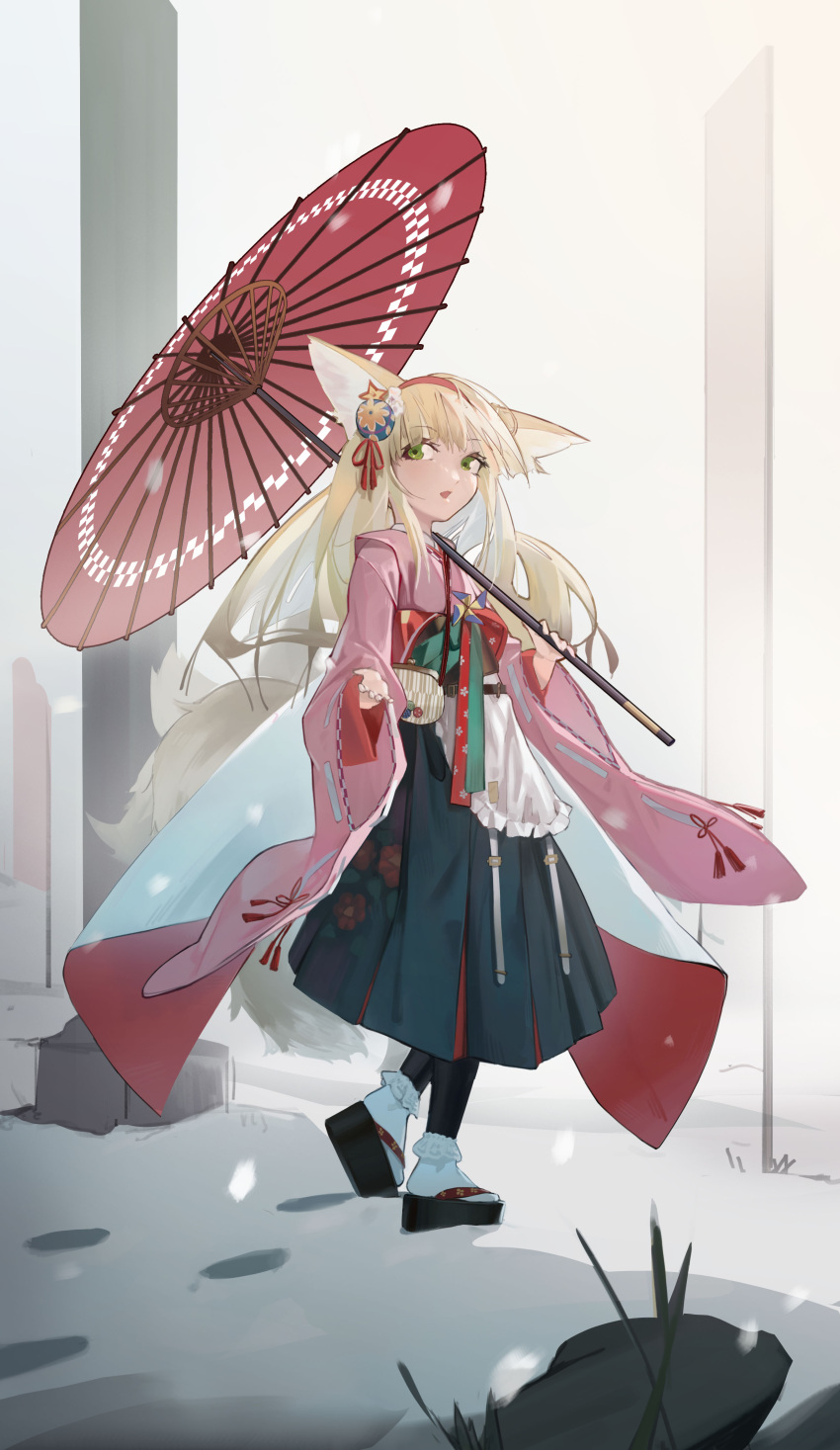 1girl absurdres animal_ears apron arknights black_hakama black_pantyhose blonde_hair bobby_socks chinese_commentary coin_purse commentary floral_print flower footprints fox_ears fox_girl fox_tail frilled_apron frills full_body green_eyes hair_flower hair_ornament hairband hakama hakama_skirt highres japanese_clothes kimono kitsune kyuubi long_sleeves multiple_tails obi official_alternate_costume oil-paper_umbrella okobo orga_(orgacl) outdoors pantyhose parted_lips pink_kimono pinwheel platform_footwear pleated_skirt red_hairband red_umbrella sandals sash skirt snow socks socks_over_pantyhose solo suzuran_(arknights) suzuran_(yukibare)_(arknights) tabi tail umbrella waist_apron white_apron white_socks wide_sleeves yagasuri
