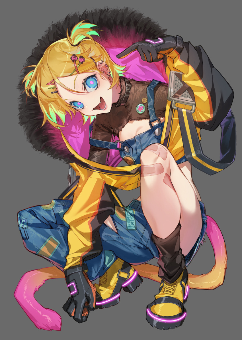 1girl absurdres asymmetrical_clothes bandaid bandaid_on_knee bandaid_on_leg blonde_hair blue_eyes boots commentary_request cropped_jacket ear_piercing fangs fur_trim gloves grey_background hair_ornament hairclip highres looking_at_viewer neon_trim original piercing pink_pupils short_hair short_twintails single_pantsleg solo soono_(rlagpfl) squatting suspenders tail twintails