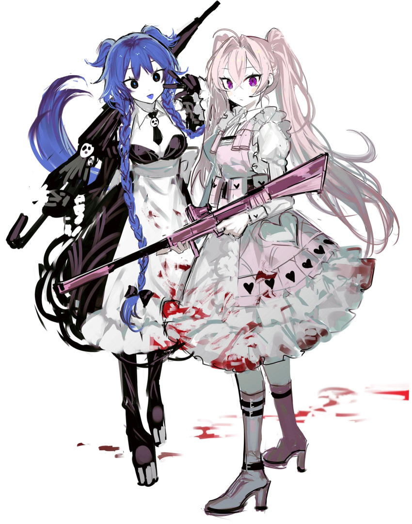 2girls adapted_costume army_in_black black_dress black_eyes black_footwear black_necktie blue_eyes blue_pupils blue_tongue boots braid bulletproof_vest colored_skin colored_tongue dress e.g.o_(project_moon) earpiece employee_(lobotomy_corporation) expressionless frilled_sleeves frilled_vest frills full_body gun hair_intakes headset high_heel_boots high_heels highres holding holding_gun holding_umbrella holding_weapon juliet_sleeves lobotomy_corporation long_hair long_sleeves looking_at_viewer maid mountain_of_smiling_bodies multiple_girls necktie original pink_footwear pink_hair pink_socks pink_vest platform_boots platform_footwear project_moon puffy_sleeves remsrar rifle short_necktie socks tongue tongue_out twin_braids two_side_up umbrella very_long_hair vest violet_eyes w weapon white_dress white_skin