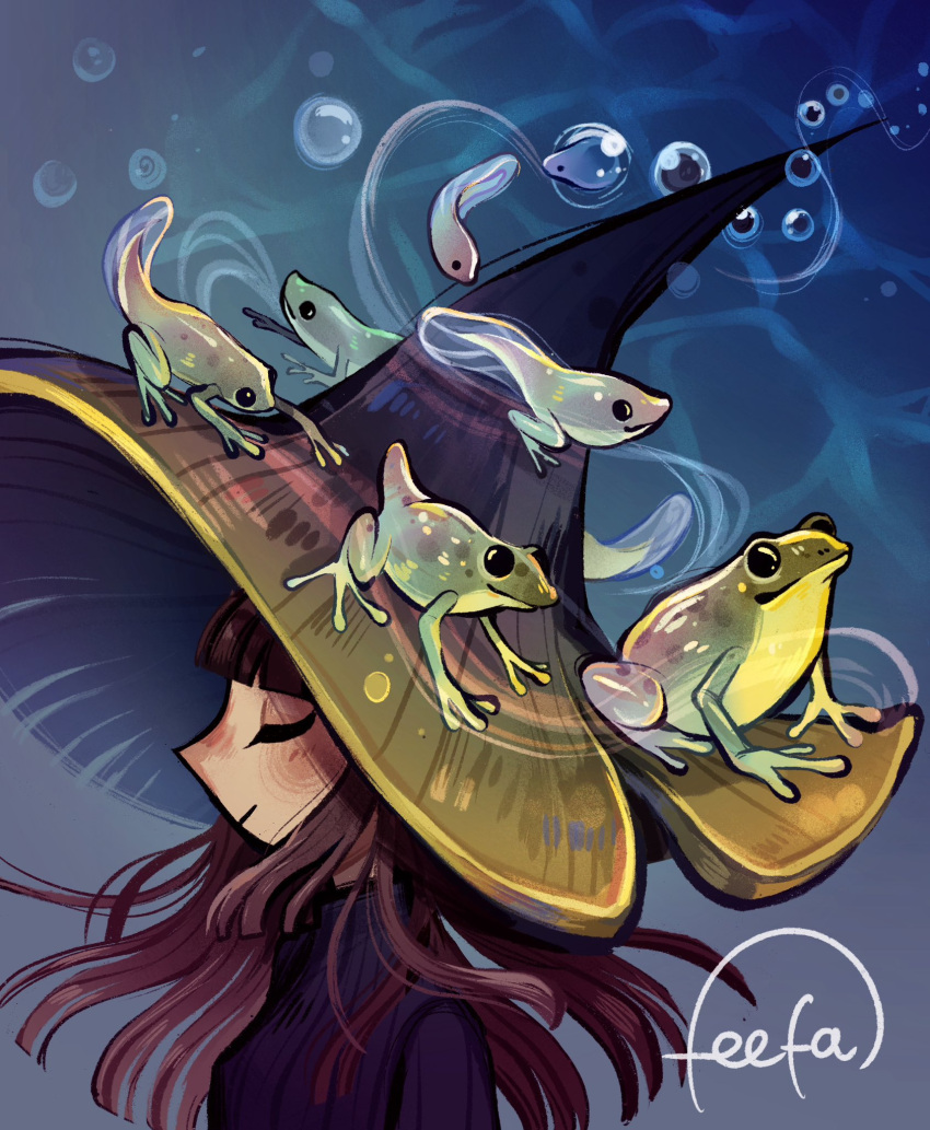age_progression black_sweater closed_eyes closed_mouth commentary egg embryo english_commentary feefal frog frog_egg gradient_background gradient_hat hat highres long_hair original redhead signature sweater tadpole upper_body water witch witch_hat