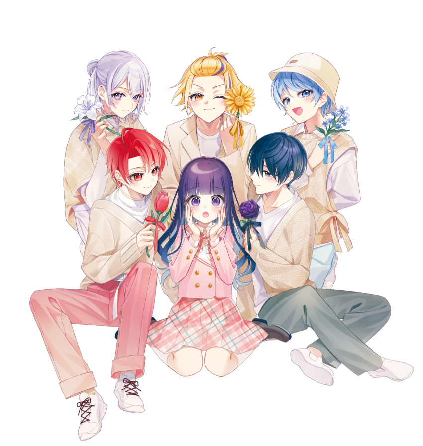 1girl 5boys :d ;) black_footwear black_hair blazer blonde_hair blue_eyes blue_flower blue_hair brown_eyes brown_headwear brown_jacket chano_hinano closed_mouth collared_shirt commentary_request copyright_request flower flower_request forehead grey_hair grey_pants hair_bun highres holding holding_flower jacket loafers multicolored_hair multiple_boys official_art one_eye_closed open_clothes open_jacket pants pink_jacket pink_pants plaid plaid_skirt pleated_skirt purple_flower purple_hair purple_rose red_eyes red_flower redhead rose shirt shoe_soles shoes simple_background sitting skirt smile socks streaked_hair sweater_vest tulip v-shaped_eyebrows violet_eyes wariza white_background white_flower white_footwear white_shirt white_socks yellow_flower