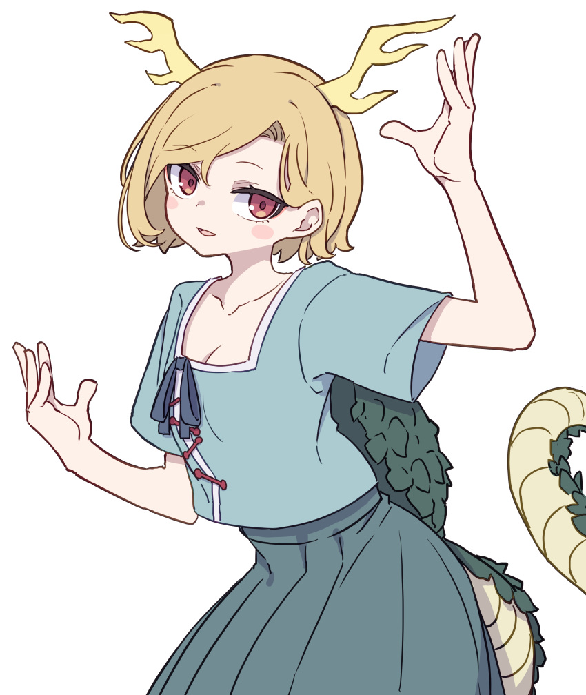 1girl absurdres antlers blonde_hair blue_shirt blush_stickers collarbone dragon_horns dragon_tail green_skirt highres horns kame_(kamepan44231) kicchou_yachie one-hour_drawing_challenge open_mouth pleated_skirt red_eyes shirt short_hair short_sleeves simple_background skirt solo tail touhou turtle_shell white_background yellow_horns