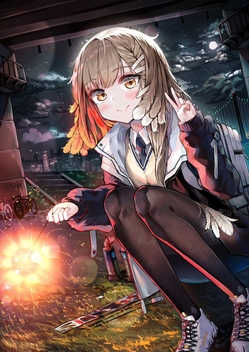 1girl :&gt; absurdres arknights bicycle bird_girl black_jacket black_necktie black_pantyhose blue_necktie blush braid breasts brown_hair chewi cityscape closed_mouth clouds cloudy_sky collared_shirt eyes_visible_through_hair feather_hair firewhistle_(arknights) fireworks full_body full_moon gradient_hair grass ground_vehicle hair_between_eyes hair_ornament hairclip hand_up highres holding_fireworks jacket light_brown_hair long_hair long_sleeves looking_at_viewer messy_hair moon multicolored_hair necktie night night_sky on_grass open_clothes open_jacket orange_hair outdoors pantyhose redhead school_uniform shirt shoes single_sidelock sky small_breasts smile sneakers solo sparkler squatting stairs sweater_vest under_bridge v very_long_hair white_footwear white_shirt white_sneakers yellow_eyes yellow_sweater_vest