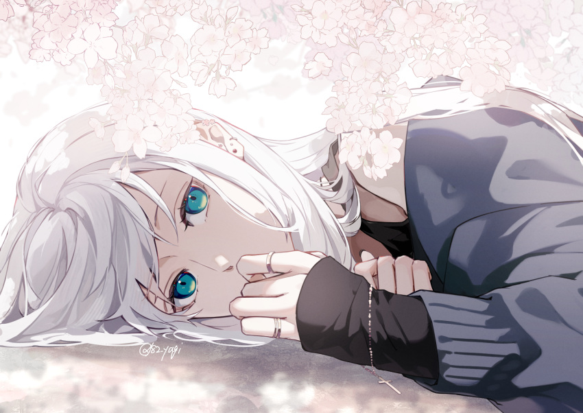 1girl blue_eyes cherry_blossoms cross cross_necklace ear_piercing earrings flower highres hood hooded_jacket jacket jewelry long_hair long_sleeves looking_at_viewer necklace off_shoulder open_clothes open_jacket original piercing pink_flower ring signature sleeves_past_wrists solo twitter_username white_hair yagi_(shiro_yagi)