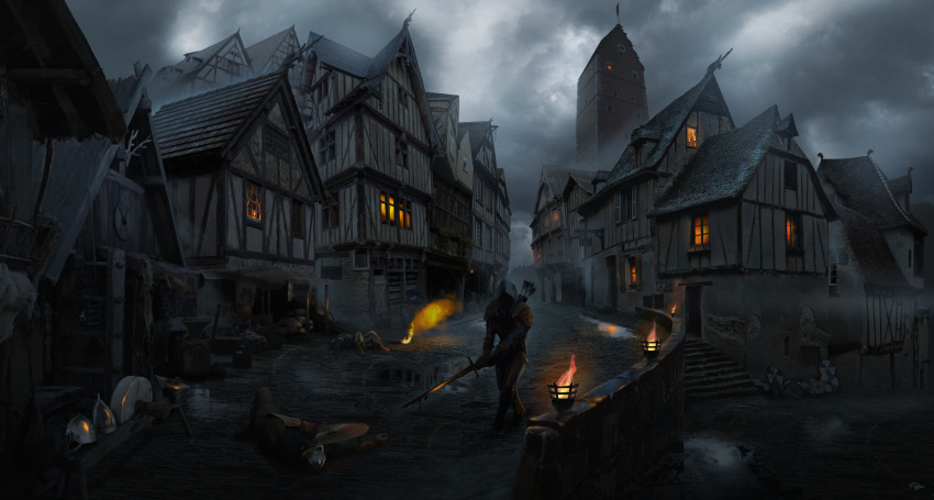 3boys absurdres armor blood blood_on_weapon brown_gloves building corpse european_architecture fire gloves grey_sky grindstone half-timbered helmet highres holding holding_sword holding_weapon hood ink4concept multiple_boys night on_ground original outdoors pants puddle quiver shield sword torch tower town village wall weapon