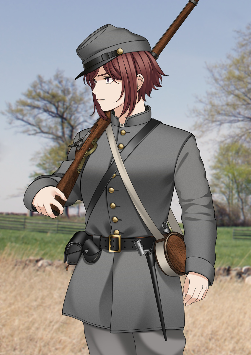 1girl absurdres american_civil_war belt_buckle buckle buttons confederate_states_of_america expressionless grass grey_headwear grey_jacket gun highres holding holding_gun holding_weapon jacket keiita looking_to_the_side military military_uniform musket original redhead short_hair solo tree uniform weapon