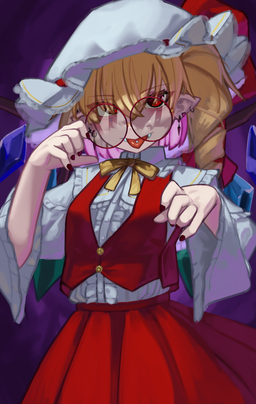 1girl absurdres bespectacled blonde_hair bow bowtie crystal drill_hair ear_piercing earrings fangs flandre_scarlet frills glasses hat highres jewelry long_sleeves mob_cap nail_polish piercing pointy_ears red_eyes red_nails red_skirt red_vest round_eyewear shirt side_ponytail skirt solo tongue tongue_out tongue_piercing touhou vest white_shirt wide_sleeves wings yellow_bow yellow_bowtie zakozako_y