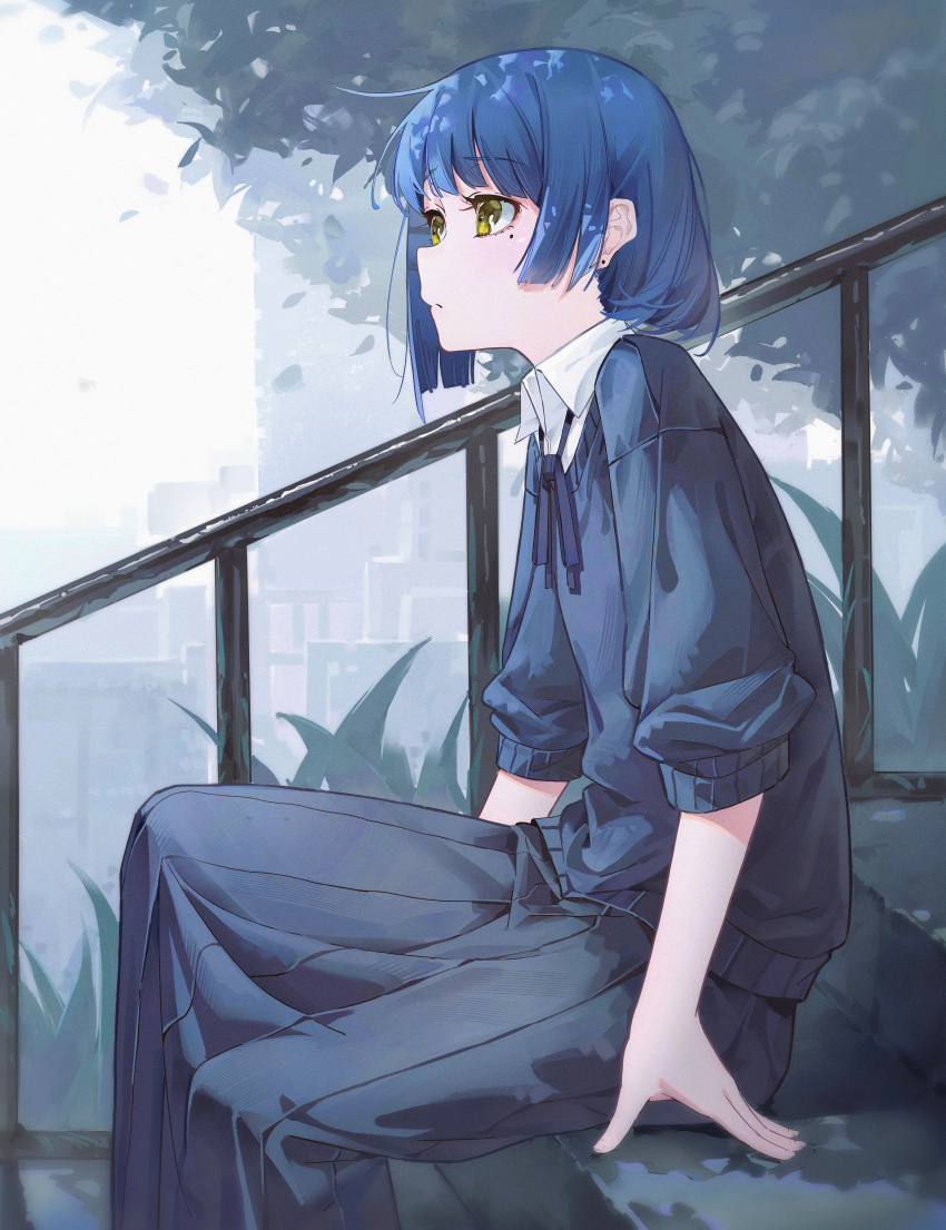1girl absurdres blue_hair bocchi_the_rock! closed_eyes collared_shirt highres looking_ahead mole mole_under_eye muina neck_ribbon outdoors pants ribbon shirt short_hair sitting sitting_on_stairs stairs sweater_vest tree white_shirt yamada_ryou