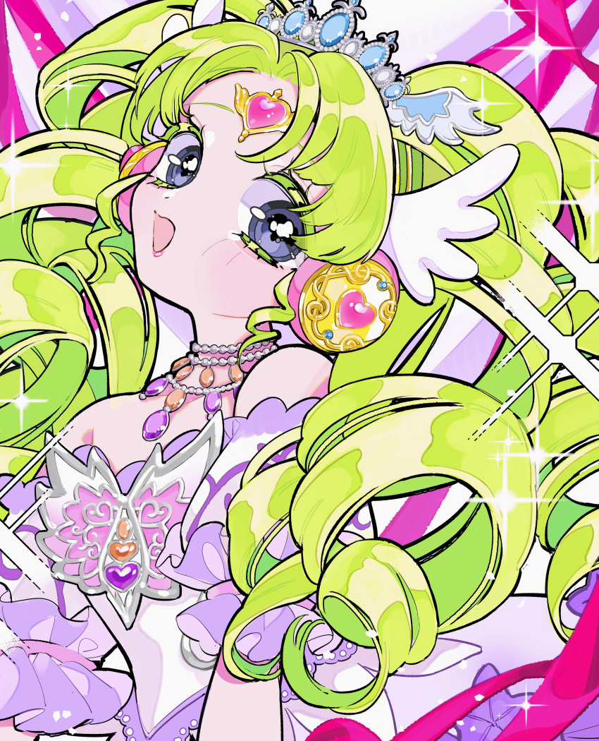 1girl absurdres blush dress drill_hair falulu headphones highres light_green_hair looking_at_viewer multicolored_background off-shoulder_dress off_shoulder open_mouth pink_ribbon pretty_(series) pripara purple_background ribbon short_sleeves smile solo tiara twin_drills violet_eyes wasure_(ponmg402) white_background white_dress wing_hair_ornament