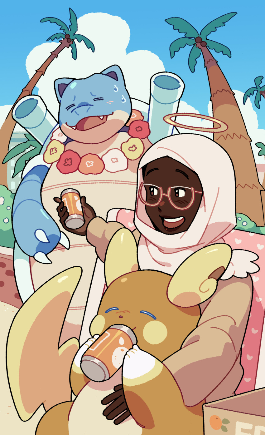 1girl absurdres alolan_raichu blastoise blush brown_shirt can closed_eyes clouds commentary commission dark-skinned_female dark_skin day drinking english_commentary flower flower_necklace glasses halo highres hijab holding holding_can lei long_sleeves magicact on_lap open_mouth original outdoors palm_tree pokemon pokemon_(creature) pokemon_on_lap shirt sitting sitting_on_lap sitting_on_person smile sweat tree very_dark_skin