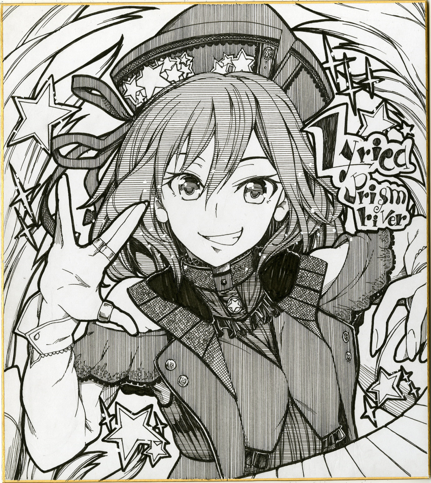 1girl character_name commentary_request english_commentary english_text greyscale grin hair_between_eyes hat highres instrument ishida_kazuma keyboard_(instrument) long_sleeves looking_at_viewer lyrica_prismriver monochrome shikishi short_hair smile solo star_(symbol) star_print touhou traditional_media upper_body