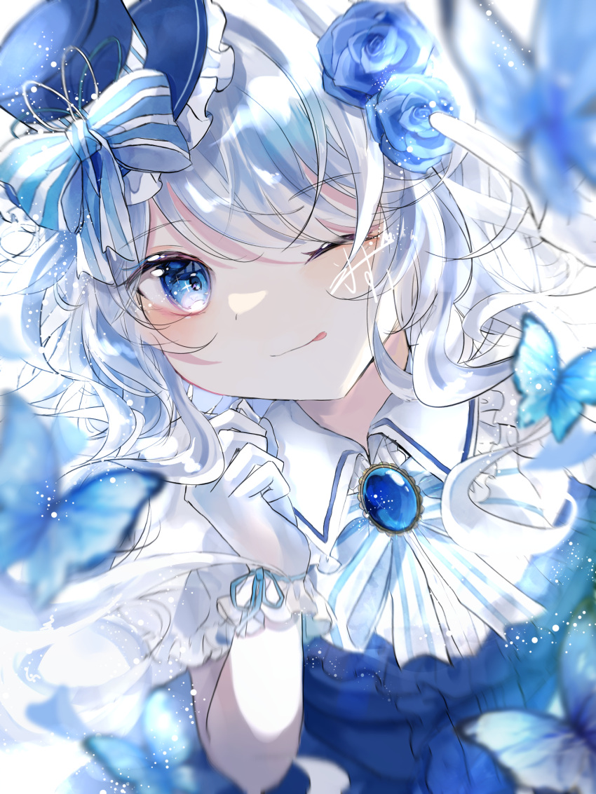 1girl :q blue_bow blue_bowtie blue_butterfly blue_eyes blue_flower blue_hair blue_headwear blue_rose blue_theme blurry blurry_foreground bow bowtie brooch bug butterfly commentary_request curled_fingers flower frills gloves hair_flower hair_ornament hand_up hat hat_bow highres jewelry kouri_midori light_blue_hair light_particles long_hair looking_at_viewer multicolored_bow multicolored_bowtie multicolored_hair one_eye_closed original ribbon rose signature solo striped striped_bow striped_bowtie swept_bangs tongue tongue_out two-tone_hair upper_body white_bow white_bowtie white_gloves white_hair wing_collar wrist_ribbon