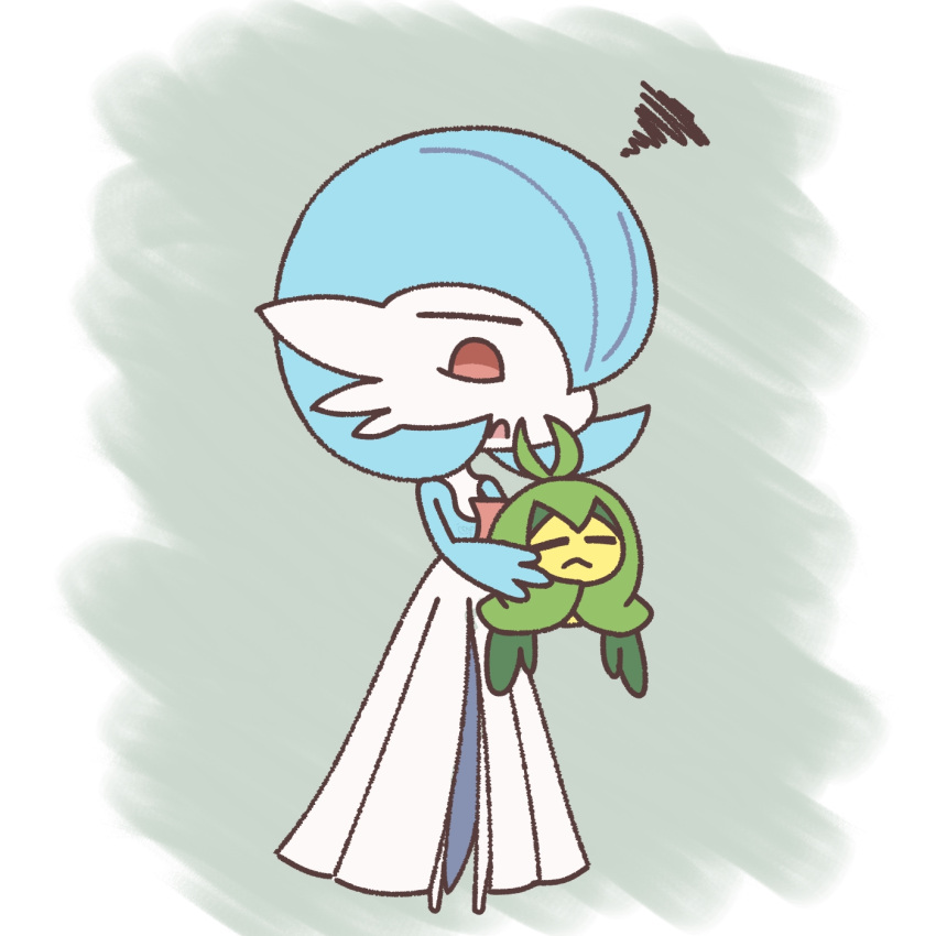 1girl :&lt; =_= alternate_color blue_hair blue_skin bob_cut chibi closed_eyes colored_skin commentary_request flat_chest flat_color full_body gardevoir grey_background hair_over_one_eye hands_up highres holding holding_pokemon looking_at_another looking_down multicolored_skin odd_eye_masao one_eye_covered open_mouth pokemon pokemon_(creature) red_eyes shiny_pokemon short_hair simple_background squiggle standing swadloon two-tone_skin white_skin