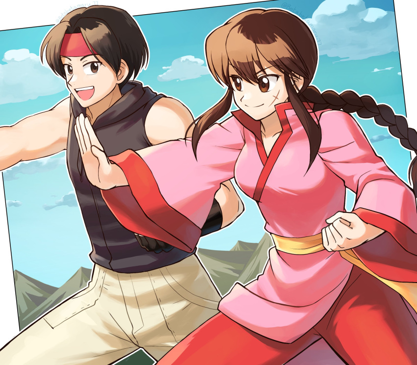 1boy 1girl betabetamaru black_hair braid breasts brown_eyes brown_hair chinese_clothes closed_mouth clouds fighting_stance headband highres hong_hakka lei_kuugo live_a_live long_hair open_mouth scar scar_on_face sleeveless smile yun_jou