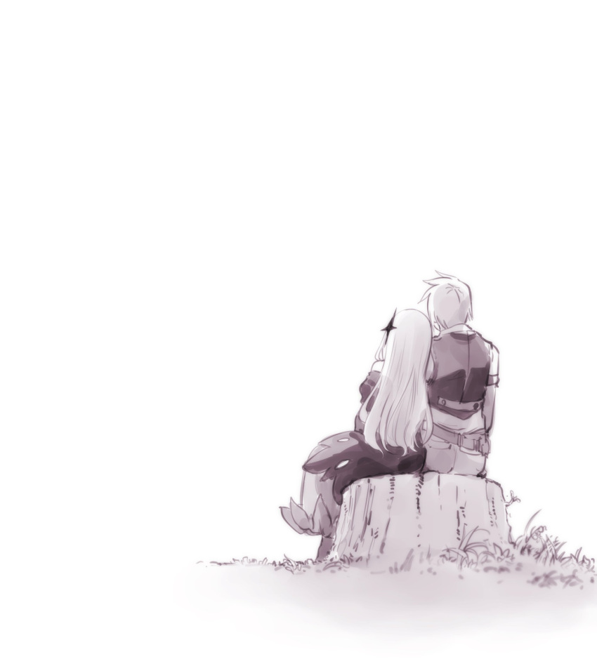 1boy 1girl belt couple dress from_behind grass greyscale hetero highres ishiyumi leaning_on_person long_hair monochrome original pants shirt sitting tree_stump vest white_background