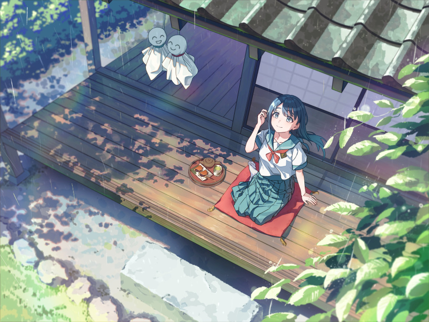 1girl absurdres blue_eyes blue_hair bow bowtie closed_mouth cup cushion day fork green_sailor_collar green_skirt hand_up highres leaf looking_up no_shoes original pleated_skirt rain red_bow red_bowtie sailor_collar sailor_shirt school_uniform shirt short_sleeves sitting skirt socks solo teapot teruterubouzu tile_roof tonegawa_ribu tray white_shirt white_socks wooden_floor yokozuwari yunomi zabuton