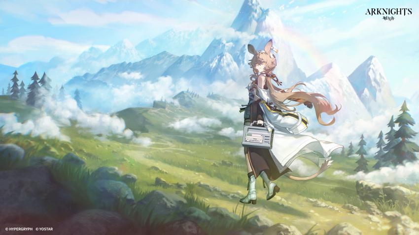 1girl absurdres animal_ears arknights bare_shoulders blonde_hair closed_mouth clothing_cutout commentary copyright_name dorothy_(arknights) english_commentary fingerless_gloves full_body gloves hat highres konya_karasue landscape long_hair looking_to_the_side mouse_ears official_art outdoors second-party_source shoulder_cutout solo standing yellow_eyes