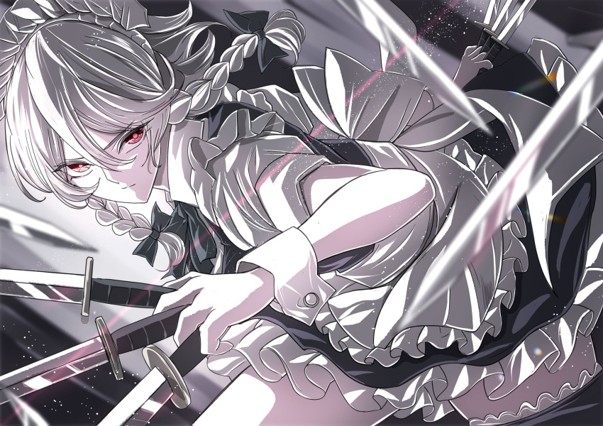 1girl apron black_bow bow braid breasts closed_mouth commentary hair_between_eyes hair_bow highres holding holding_knife izayoi_sakuya jan_(lightdragoon) knife looking_at_viewer maid maid_headdress medium_breasts red_eyes short_sleeves side_braids solo touhou twin_braids waist_apron wrist_cuffs