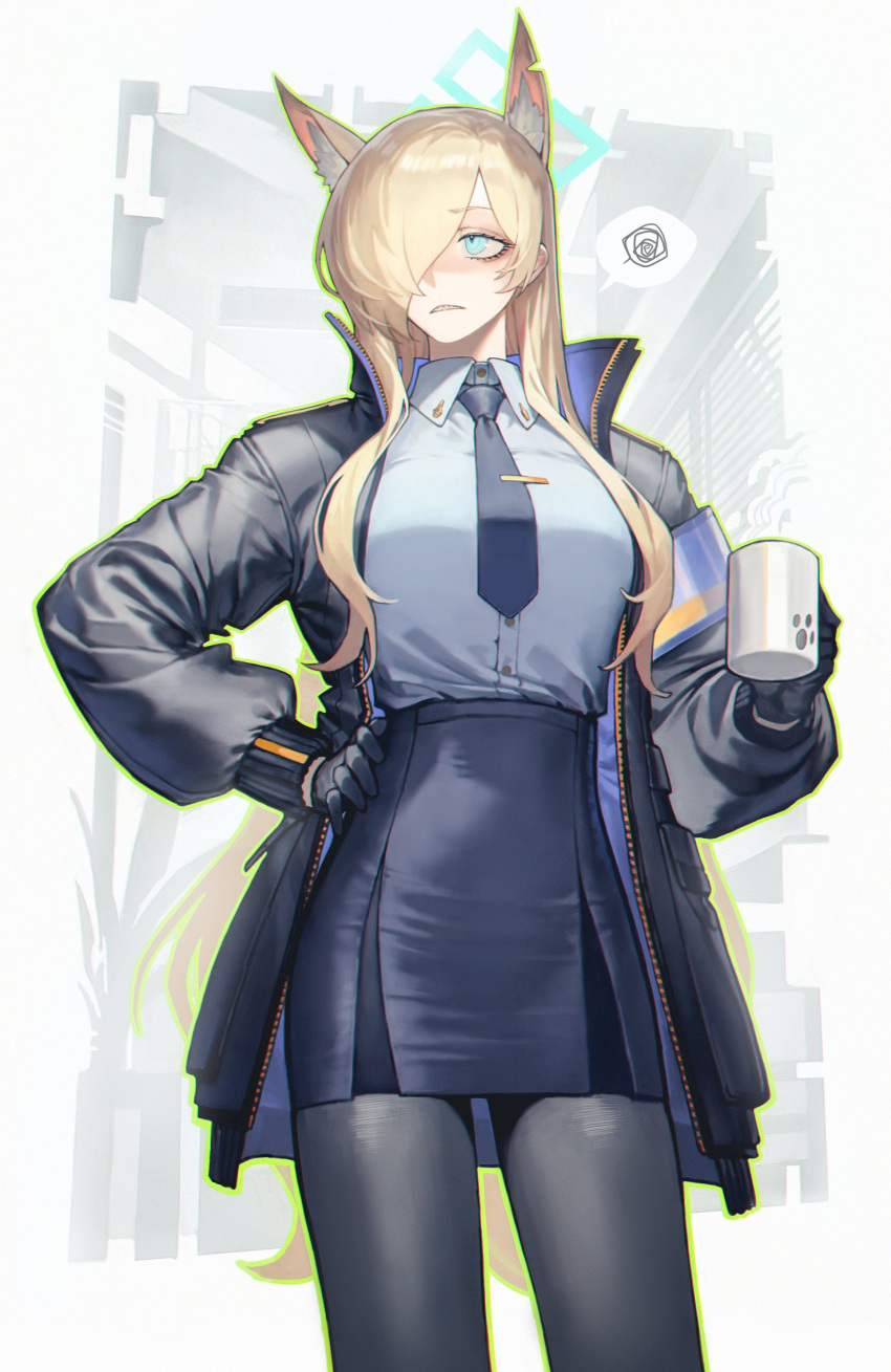 1girl absurdres animal_ears blonde_hair blue_archive blue_armband blue_eyes blue_jacket blue_necktie blue_pantyhose blue_shirt blue_skirt coffee_mug collared_shirt contrapposto cup dog_ears frown hair_over_one_eye halo hand_on_hip high-waist_skirt highres holding holding_cup jacket kanna_(blue_archive) long_hair long_sleeves mug necktie open_clothes open_jacket pantyhose pencil_skirt rhine_(overtonerhine) ringed_eyes sharp_teeth shirt skirt solo spoken_squiggle squiggle swept_bangs tareme teeth very_long_hair