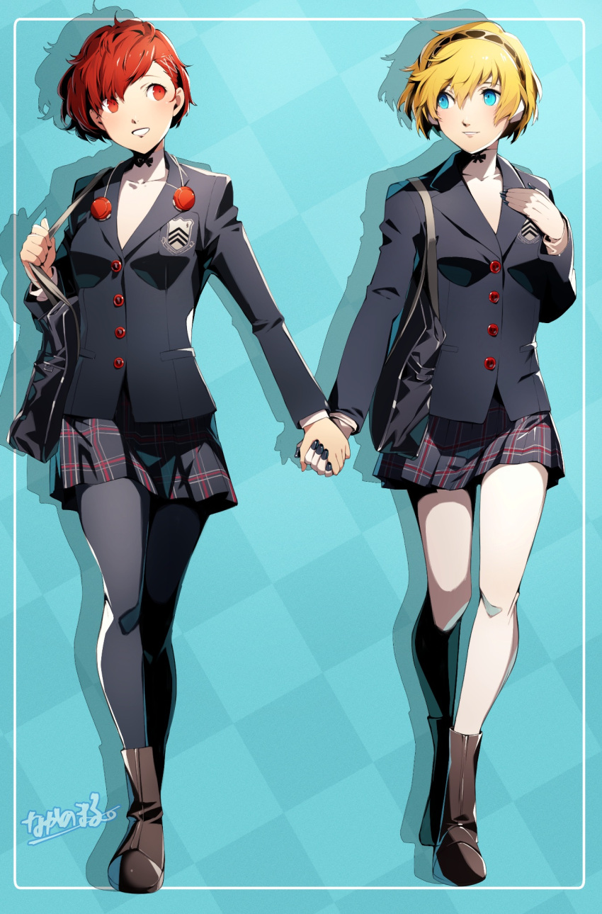 2girls :d aegis_(persona) alternate_costume android aqua_background bag blazer blonde_hair blue_eyes boots border checkered_background cosplay full_body hair_ornament headband headphones highres holding_hands jacket looking_at_another multiple_girls nakano_maru pantyhose persona persona_3 persona_3_portable persona_5 plaid plaid_skirt pleated_skirt red_eyes red_headphones redhead robot school_bag school_uniform shiomi_kotone shoes short_hair shoulder_bag shuujin_academy_school_uniform signature simple_background skirt smile turtleneck walking white_border