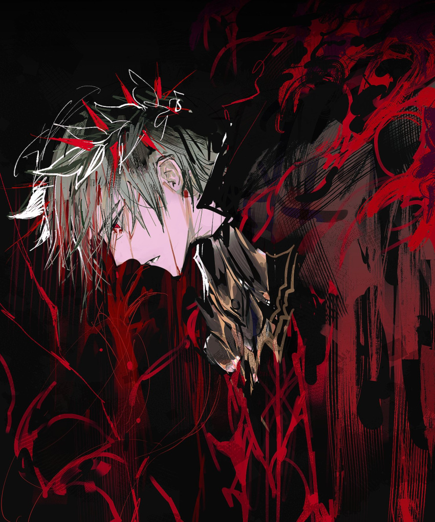 1boy black_background black_cape blood cape check_copyright copyright_request crown_of_thorns grey_hair highres laurel_crown leaning_forward leviathan_(project_moon) looking_to_the_side open_mouth project_moon red_eyes remsrar solo upper_body vergilius_(project_moon)