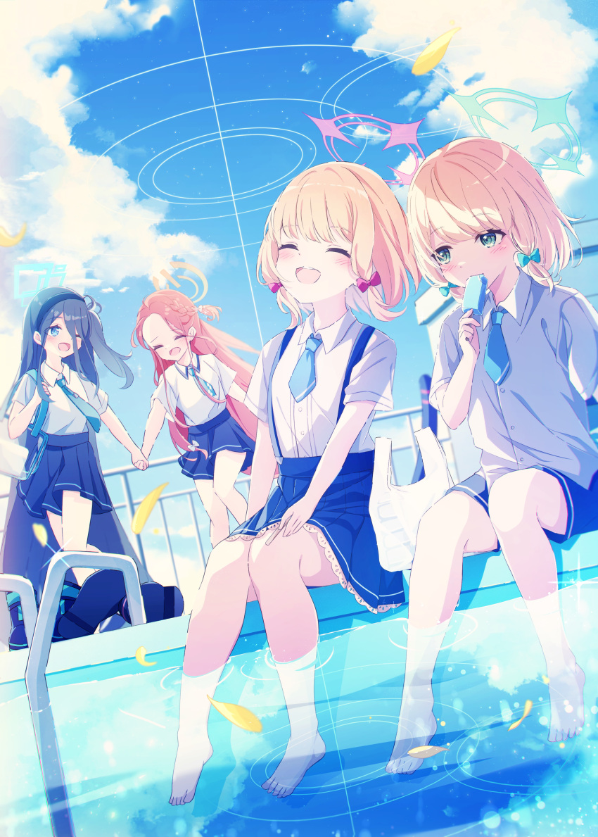 4girls absurdres aqua_necktie aqua_ribbon aris_(blue_archive) bare_legs barefoot black_footwear black_hair black_hairband black_skirt blonde_hair blue_archive blue_eyes blue_sky blunt_bangs blush braid closed_eyes clouds cloudy_sky collared_shirt commentary_request eating food frilled_skirt frills full_body green_eyes grey_ribbon hair_between_eyes hair_intakes hair_over_one_eye hair_over_shoulder hair_ribbon hairband halo head_tilt highres holding holding_food holding_hands holding_ice_cream ice_cream legs long_hair looking_at_another looking_away loose_necktie medium_hair midori_(blue_archive) momoi_(blue_archive) multiple_girls necktie nemu_no1 open_mouth outdoors pink_ribbon pleated_skirt pool pool_ladder popsicle railing redhead ribbon rooftop school_uniform shirt shirt_tucked_in shoes short_necktie short_sleeves sidelocks single_braid skirt sky smile soaking_feet suspender_skirt suspenders swept_bangs teeth untucked_shirt upper_teeth_only very_long_hair water white_shirt yuzu_(blue_archive)