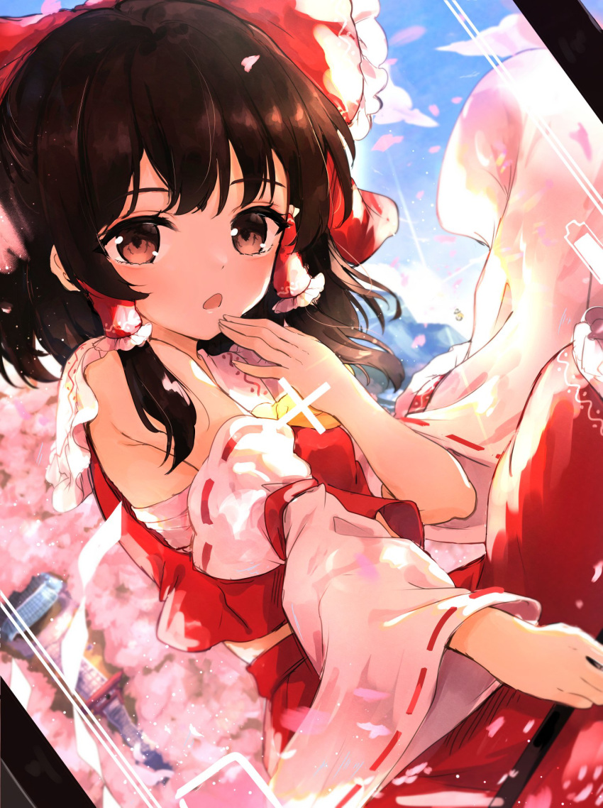 2girls bare_shoulders blush bow brown_eyes brown_hair cherry_blossoms day detached_sleeves hair_bow hair_tubes hakurei_reimu highres japanese_clothes kirisame_marisa medium_hair multiple_girls nontraditional_miko open_mouth outdoors red_bow red_skirt ribbon-trimmed_sleeves ribbon_trim shangurira shrine sidelocks skirt solo solo_focus torii touhou white_sleeves wide_sleeves