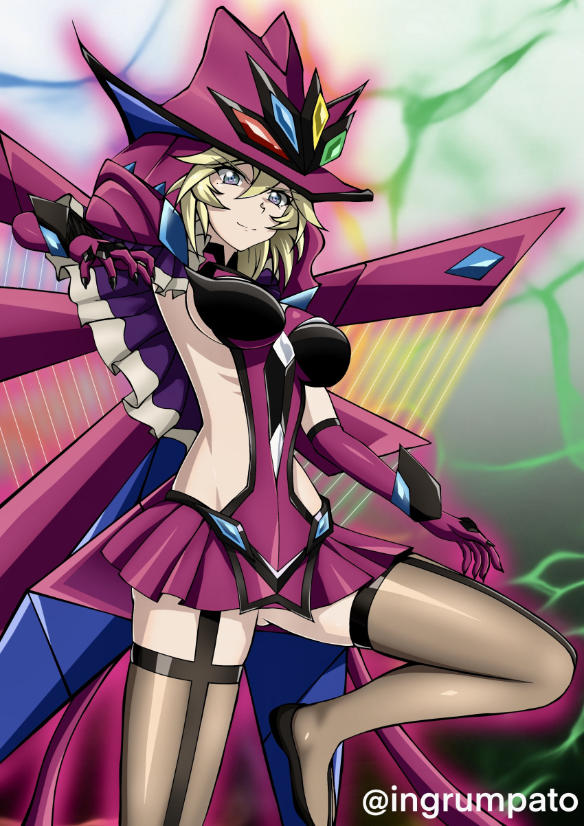 1girl absurdres aged_up ass_visible_through_thighs blonde_hair blue_eyes breasts carol_malus_dienheim elbow_gloves gloves hat highres kyomeihibiki looking_at_viewer medium_breasts mole mole_under_eye multicolored_eyes purple_gloves ribs senki_zesshou_symphogear short_hair side_cutout sideless_outfit skirt smile solo thigh-highs