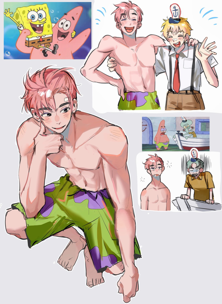 3boys blonde_hair green_hair highres humanization multiple_boys muscular muscular_male necktie patrick_star photo-referenced pink_hair sponge spongebob_squarepants spongebob_squarepants_(character) squidward_tentacles starfish suspenders toned toned_male white_background yamu_(ym3443)