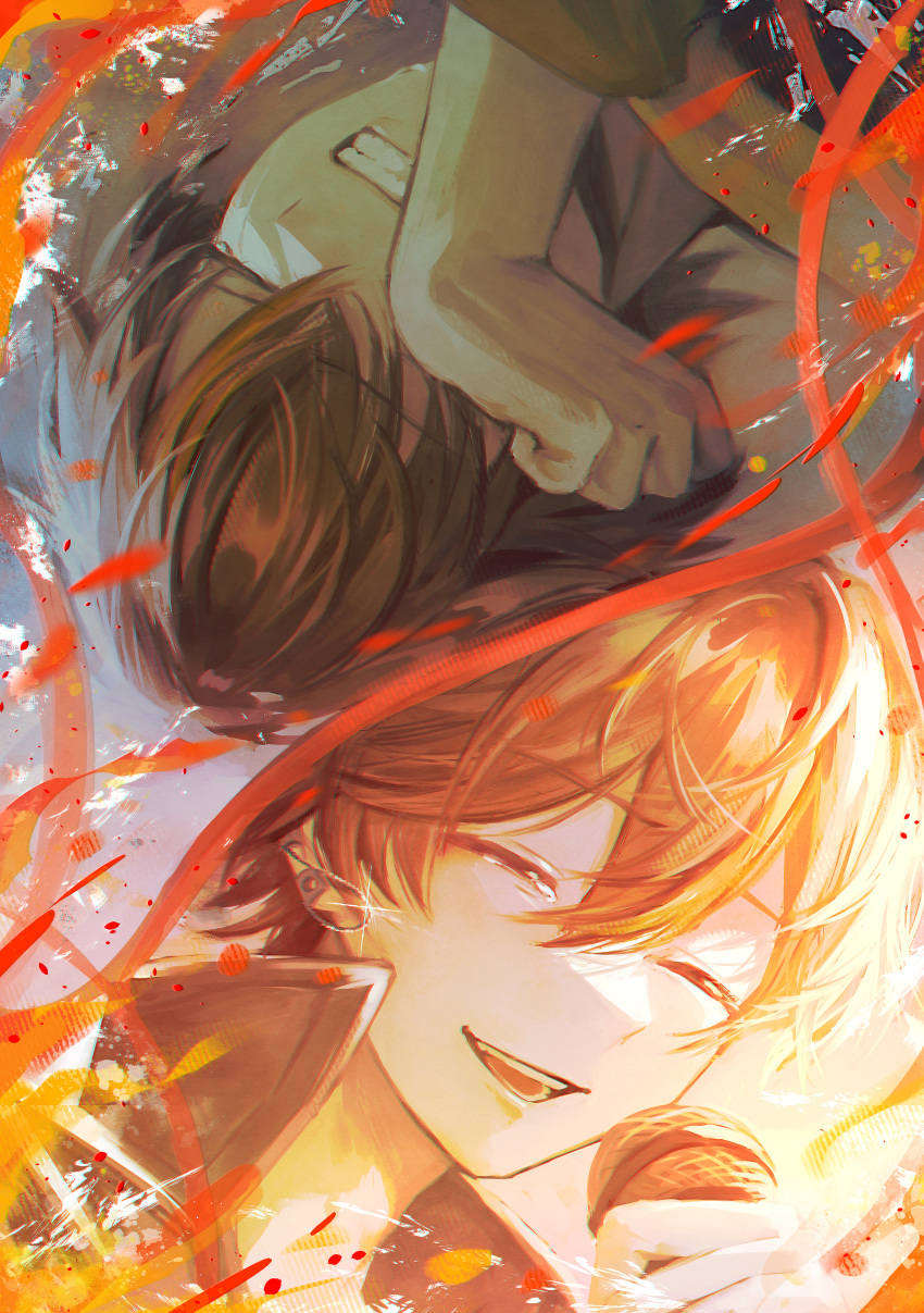 1boy absurdres chain_earrings clenched_teeth closed_eyes crying dual_persona ear_piercing glint hand_on_own_face high_collar highres holding holding_microphone lushuao male_focus microphone open_mouth orange_hair piercing project_sekai rotational_symmetry rubbing_eyes shinonome_akito short_hair smile tearing_up teeth upper_body