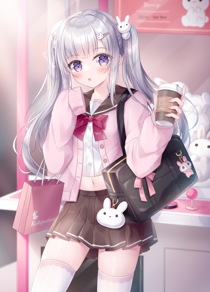 1girl :o bag blush bow brown_sailor_collar brown_skirt cardigan coffee_cup commentary_request crop_top cup disposable_cup grey_hair hair_ornament hairclip highres holding holding_cup kohinata_hoshimi long_hair looking_at_viewer midriff navel open_cardigan open_clothes original parted_lips pink_cardigan pleated_skirt rabbit_hair_ornament red_bow sailor_collar school_bag school_uniform serafuku shirt skindentation skirt sleeves_past_fingers sleeves_past_wrists solo stuffed_animal stuffed_rabbit stuffed_toy thigh-highs twintails very_long_hair violet_eyes white_shirt white_thighhighs
