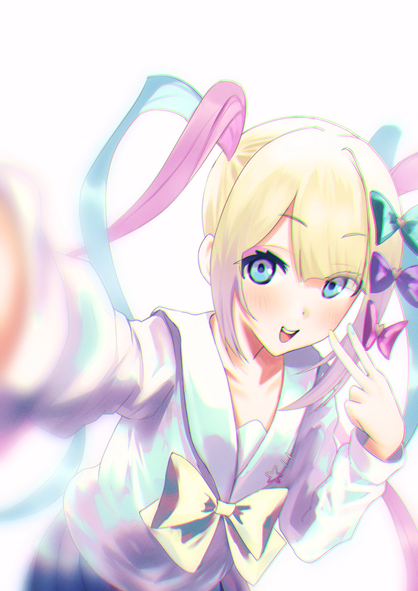 1girl absurdres blonde_hair blue_bow blue_eyes blue_hair blue_nails blue_shirt blue_skirt blurry blush bow chouzetsusaikawa_tenshi-chan hair_bow highres long_hair long_sleeves looking_at_viewer multicolored_hair multicolored_nails nagidazo needy_girl_overdose open_mouth pink_bow pink_hair pleated_skirt purple_bow quad_tails sailor_collar school_uniform serafuku shirt simple_background skirt smile solo standing twintails v very_long_hair white_background yellow_bow yellow_nails