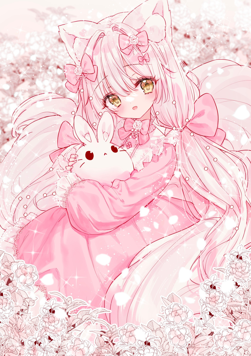 1girl :d absurdres animal animal_ear_fluff animal_ears animal_hug blurry blurry_background bow brown_eyes commentary_request depth_of_field flower hair_between_eyes hair_bow head_tilt highres long_hair looking_at_viewer low_twintails original pink_bow pink_hair rabbit smile solo tandohark twintails very_long_hair white_flower