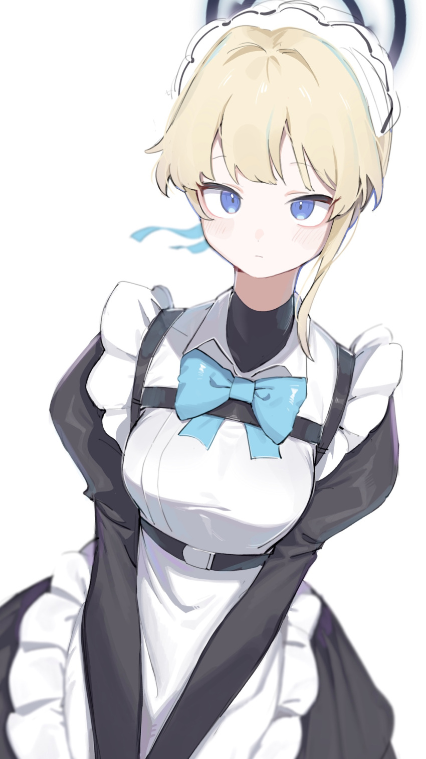 1girl absurdres apron blonde_hair blue_archive blue_eyes bow bowtie breasts halo highres hufy looking_at_viewer maid_apron maid_headdress puffy_sleeves simple_background solo toki_(blue_archive) white_background