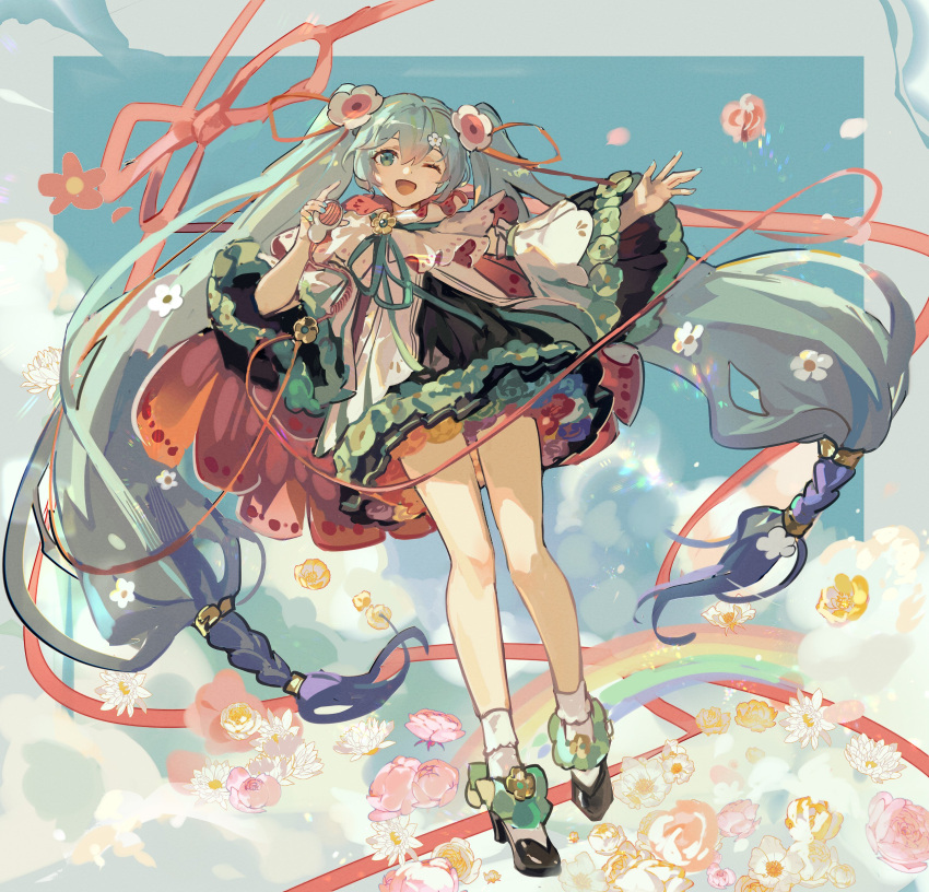 1girl absurdres black_footwear braid capelet clouds detached_sleeves dress flower flower-trimmed_dress footwear_flower green_eyes green_hair green_ribbon hair_between_eyes hair_flower hair_ornament hatsune_miku high_heels highres long_sleeves mento miku_day multicolored_clothes multicolored_dress neck_ribbon one_eye_closed open_mouth rainbow ribbon sidelocks sky socks solo twintails vocaloid white_socks wide_sleeves